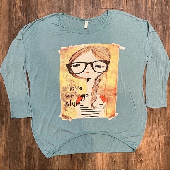 Tui Bian Blue Long Sleeves Round Neck Printed Logo Tee Shirt Top Cotton Size M - Picture 4 of 6